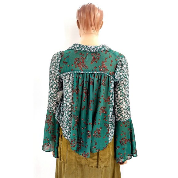Free People New With Tags Emerald Combo Serena Bell Sleeve Top - Picture 6 of 6